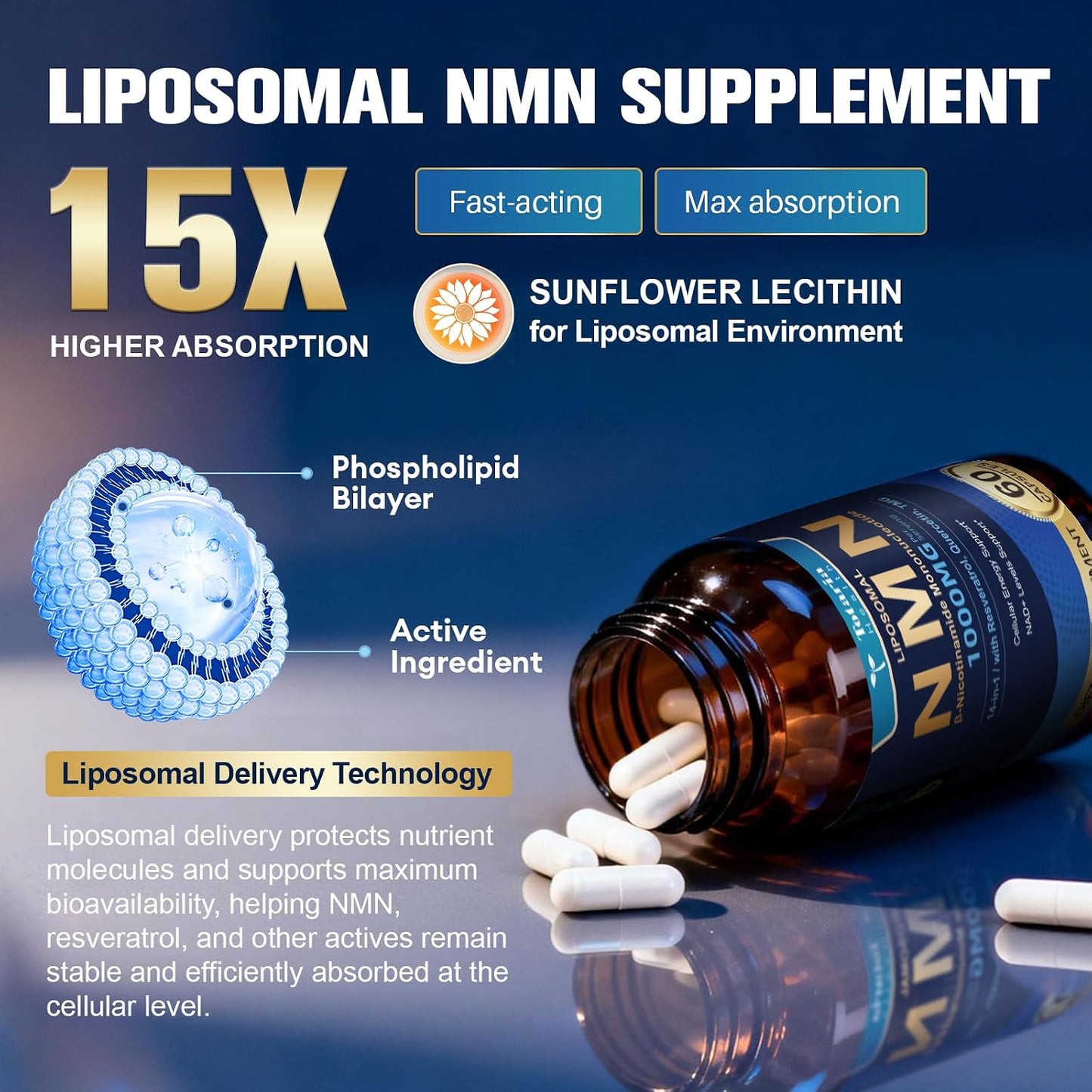 Totaria Liposomal NMN Supplement 1000mg, 14-in-1 NMN Resveratrol Complex with CoQ10, TMG, Quercetin, ALA, PQQ, Support NAD Levels, Cellular Energy & Healthy Aging, 60 Capsules, cGMP, Filler Free