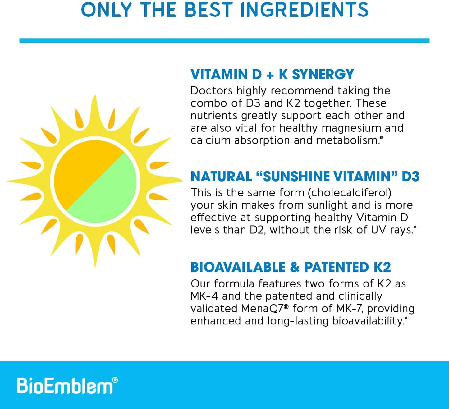 BioEmblem Vitamin D3 K2 Capsules (5000IU and 200mcg) and NAD+ Supplement