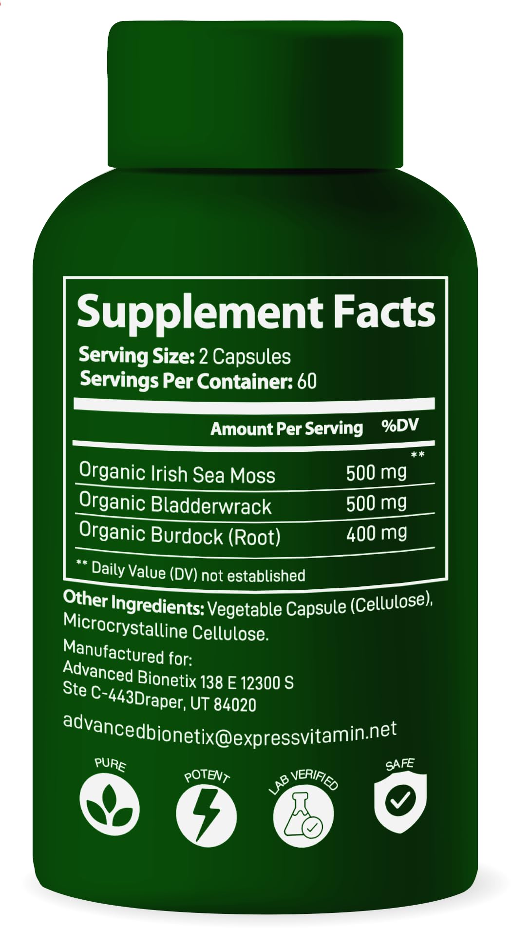 Advanced Bionetix Organic Irish Sea Moss Capsules, Raw Wildcrafted Seamoss Enhanced w/Bladderwrack & Burdock Root Capsules 120 Total Pills Antioxidant Packed. Prebiotic Superfood, Thyroid Support