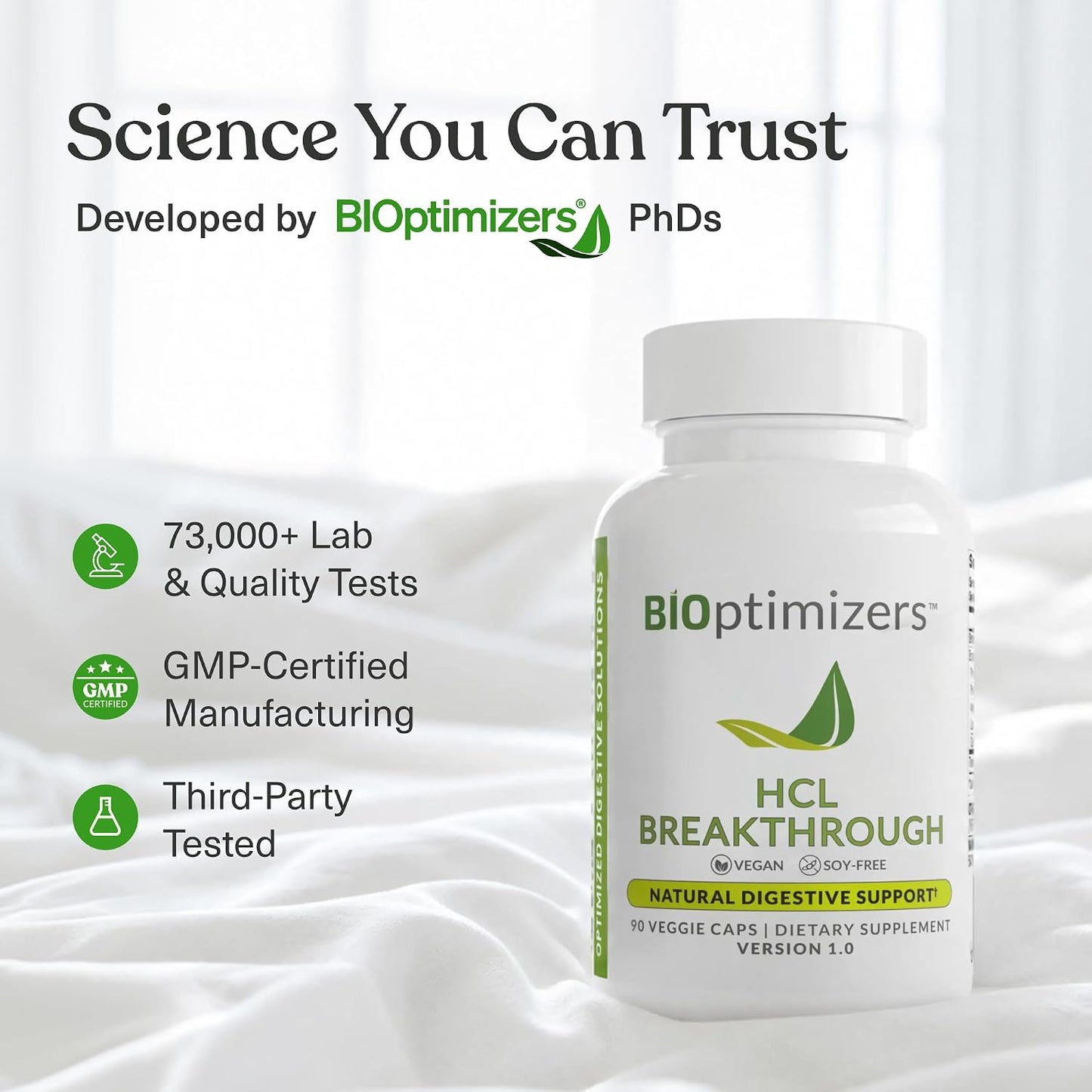 BIOptimizers HCL Breakthrough - Betaine Hydrochloride Enzymes Supplement - Assists with Protein Breakdown and Absorption - Helps Gas and Heartburn Relief - 90 Pepsin-Free Capsules
