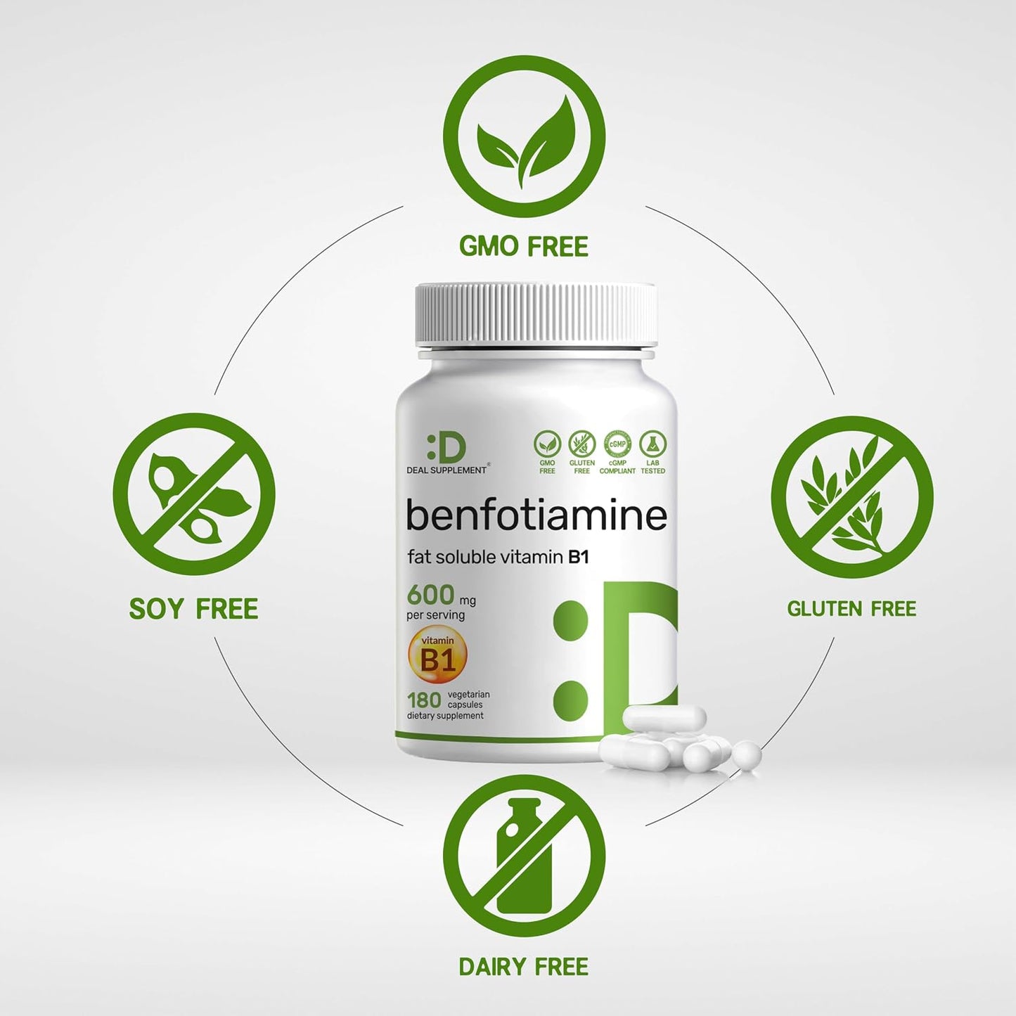 Benfotiamine 600mg Per Serving, 180 Veggie Capsules (300mg Per Cap) – Fat Soluble Vitamin B1 Thiamine Supplement – 3rd Party Tested, Vegan, Non-GMO, Gluten Free