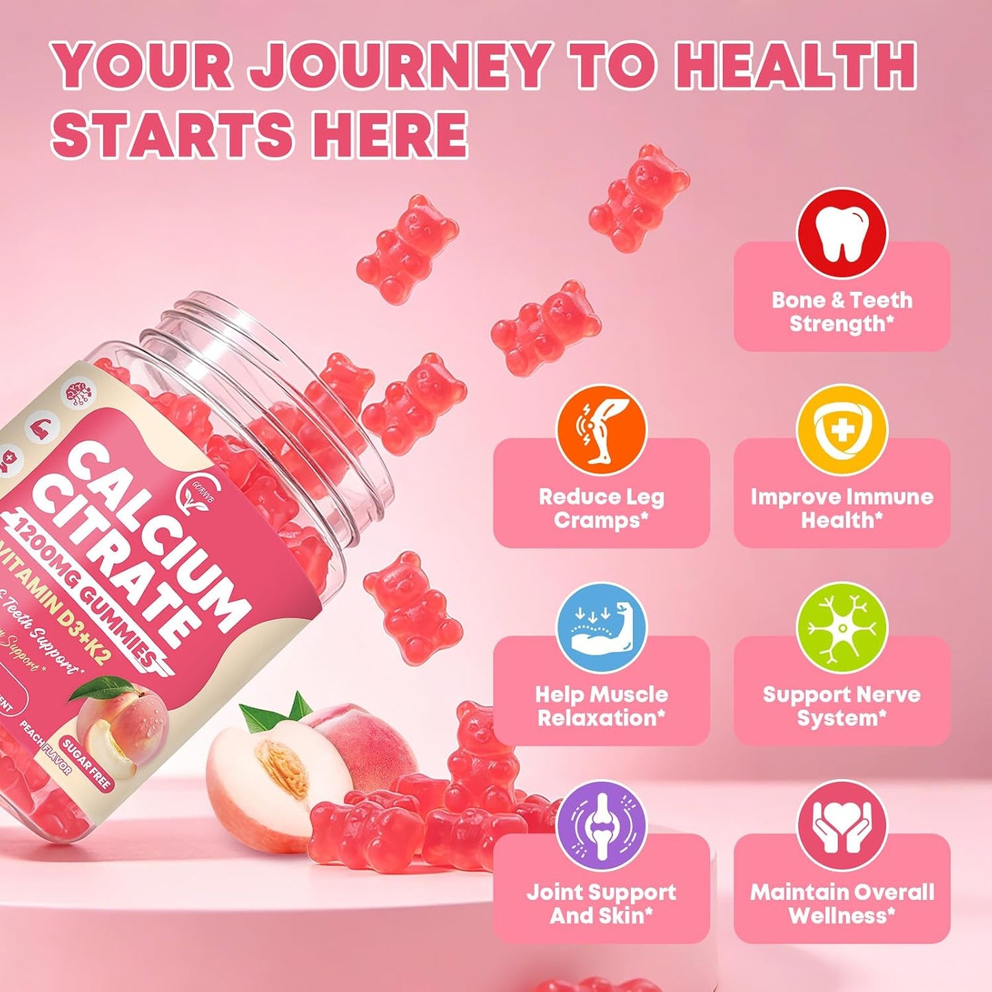(2 Pack) Calcium Citrate Gummies 1200 mg with Vitamin D3, K2 for Bone, Muscle & Immune Support, High Absorption Chewable Calcium Supplements for Women & Men, Sugar Free, Vegan, Peach Flavor, 60 Chews