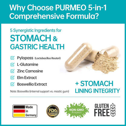 5-in-1 High Potency H. Pylori Probiotic, 1 Per Day - Supports Gastric Lining Integrity, Occasional Indigestion, Acid Comfort - Pylopass Lactobacillus Reuteri, Gluten Free, Vegan, 30ct, Made in Germany
