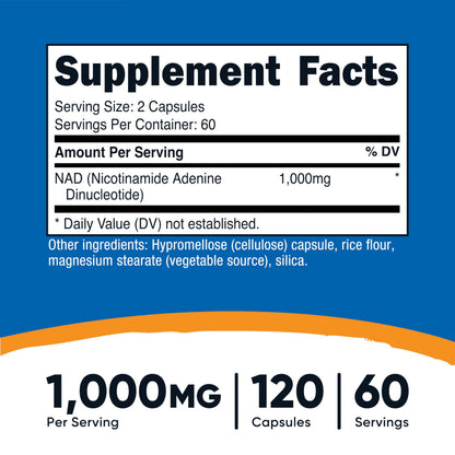 Nutricost NAD+ Supplement 1,000mg per Serving, 120 Capsules, 60 Servings | Nicotinamide Adenine Dinucleotide, Gluten-Free, Vegan