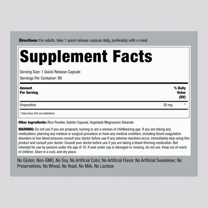 Piping Rock Vinpocetine 30mg | 90 Capsules | Super-Strength Supplement | Non-GMO, Gluten Free