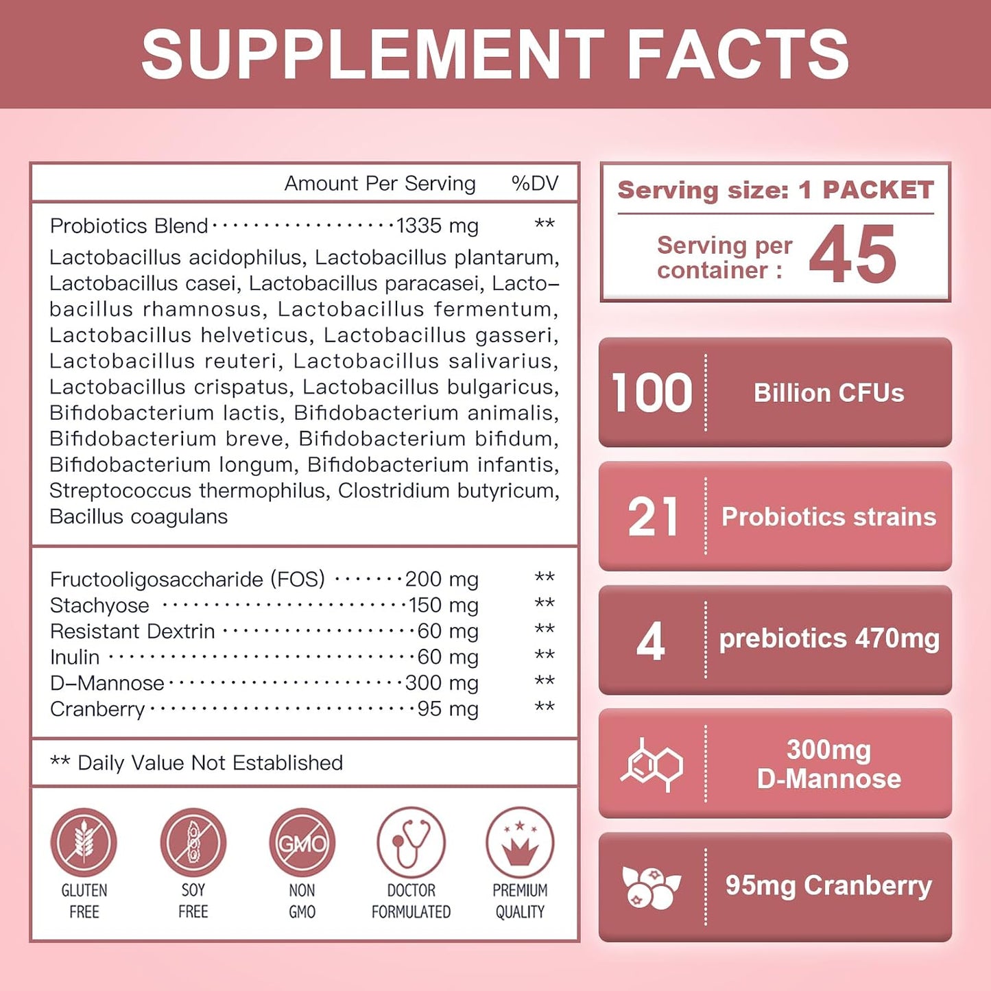 NATURE TARGET Women's Probiotics Powder, 100 Billion CFU, 45 Servings | Prebiotics, D-Mannose And Cranberry, Supports Urinary Tract, Gut, And Digestive Health For Women, Light Cranberry Flavor