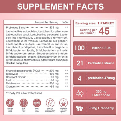 NATURE TARGET Women's Probiotics Powder, 100 Billion CFU, 45 Servings | Prebiotics, D-Mannose And Cranberry, Supports Urinary Tract, Gut, And Digestive Health For Women, Light Cranberry Flavor
