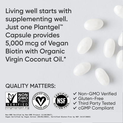 Sports Research® Biotin 10,000mcg with Organic Coconut Oil - Biotin (Vitamin B7) for Healthy Skin and Hair Support* - for Women and Men - Vegan, Non-GMO, Gluten & Soy-Free - 120 Veggie Softgels