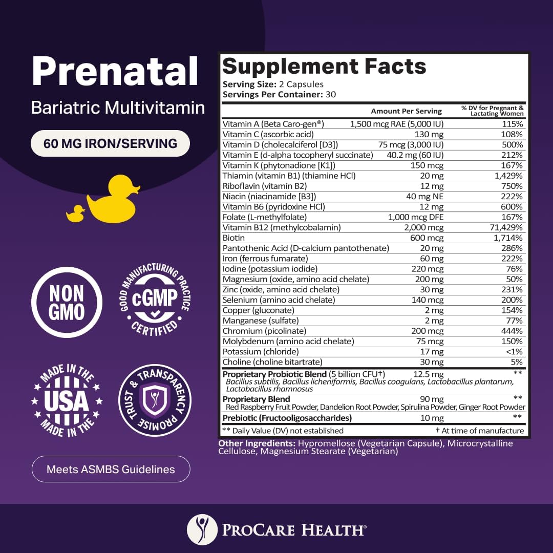 Prenatal Bariatric Multivitamin with Iron | Capsule | 60ct | Bariatric Vitamins for Gastric Bypass & Gastric Sleeve (1 Month Supply) - 60 Easy-to-Swallow Capsules for Women - Made in USA