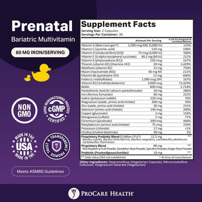Prenatal Bariatric Multivitamin with Iron | Capsule | 60ct | Bariatric Vitamins for Gastric Bypass & Gastric Sleeve (1 Month Supply) - 60 Easy-to-Swallow Capsules for Women - Made in USA