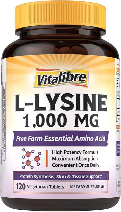 Vitalibre L-Lysine 1000 mg, High Potency L-Lysine HCl, Free Form Essential Amino Acid, Protein & Collagen Synthesis, Immune Support, Maximum Absorption, Vegan, 120 Tablets