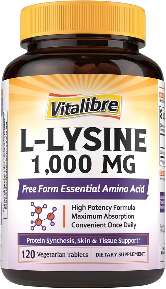 Vitalibre L-Lysine 1000 mg, High Potency L-Lysine HCl, Free Form Essential Amino Acid, Protein & Collagen Synthesis, Immune Support, Maximum Absorption, Vegan, 120 Tablets