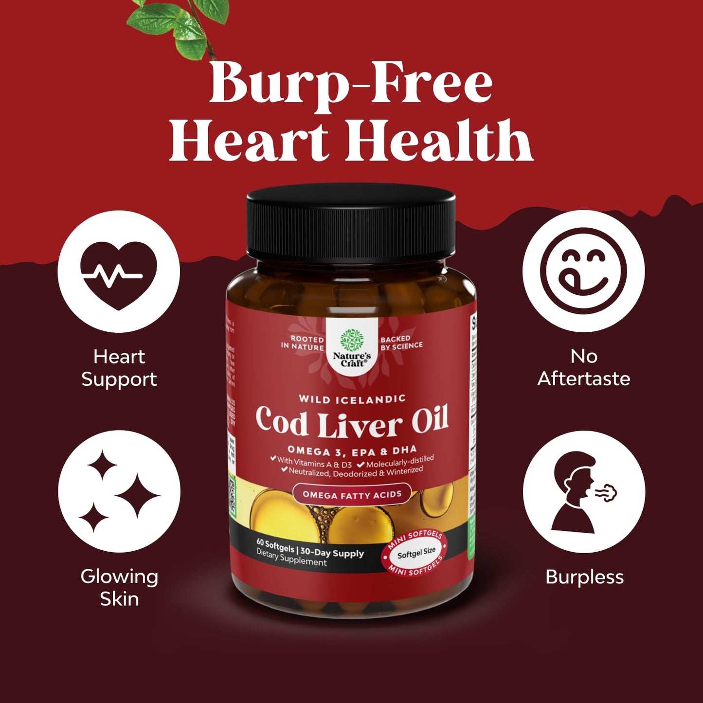 Icelandic Wild Caught Cod Liver Oil Softgels - Fish Omega 3, EPA, DHA, Vitamin D & A, 1000mg Per Serving - Burpless Capsules for Heart, Joint, Brain & Immune Support - 100 Count