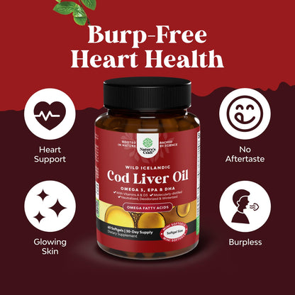 Icelandic Wild Caught Cod Liver Oil Softgels - Fish Omega 3, EPA, DHA, Vitamin D & A, 1000mg Per Serving - Burpless Capsules for Heart, Joint, Brain & Immune Support - 100 Count