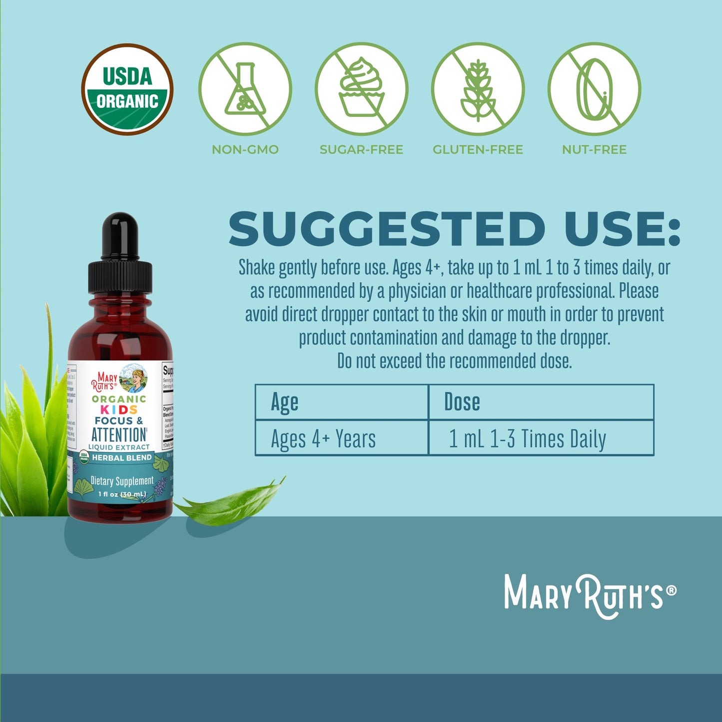 MARYRUTH'S Kids Focus & Attention Drops | USDA Organic Drops | Ginkgo Biloba | Rhodiola Root & Licorice Root | Adaptogenic | Calm | Vegan | Non-GMO | Gluten Free | 30 Servings