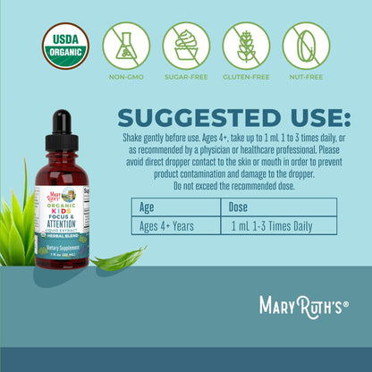 MARYRUTH'S Kids Focus & Attention Drops | USDA Organic Drops | Ginkgo Biloba | Rhodiola Root & Licorice Root | Adaptogenic | Calm | Vegan | Non-GMO | Gluten Free | 30 Servings