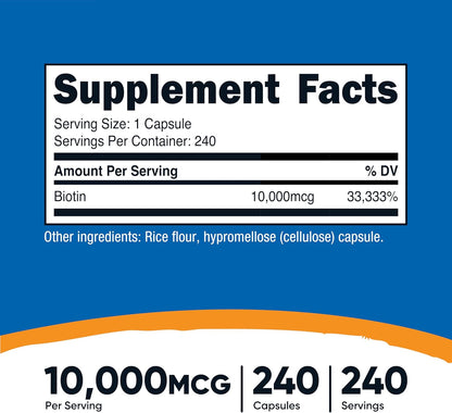 Nutricost Biotin (Vitamin B7) 10,000mcg (10mg) Vitamin Supplement, 240 Capsules - Vegetarian, Gluten Free, Quick Release, Non-GMO