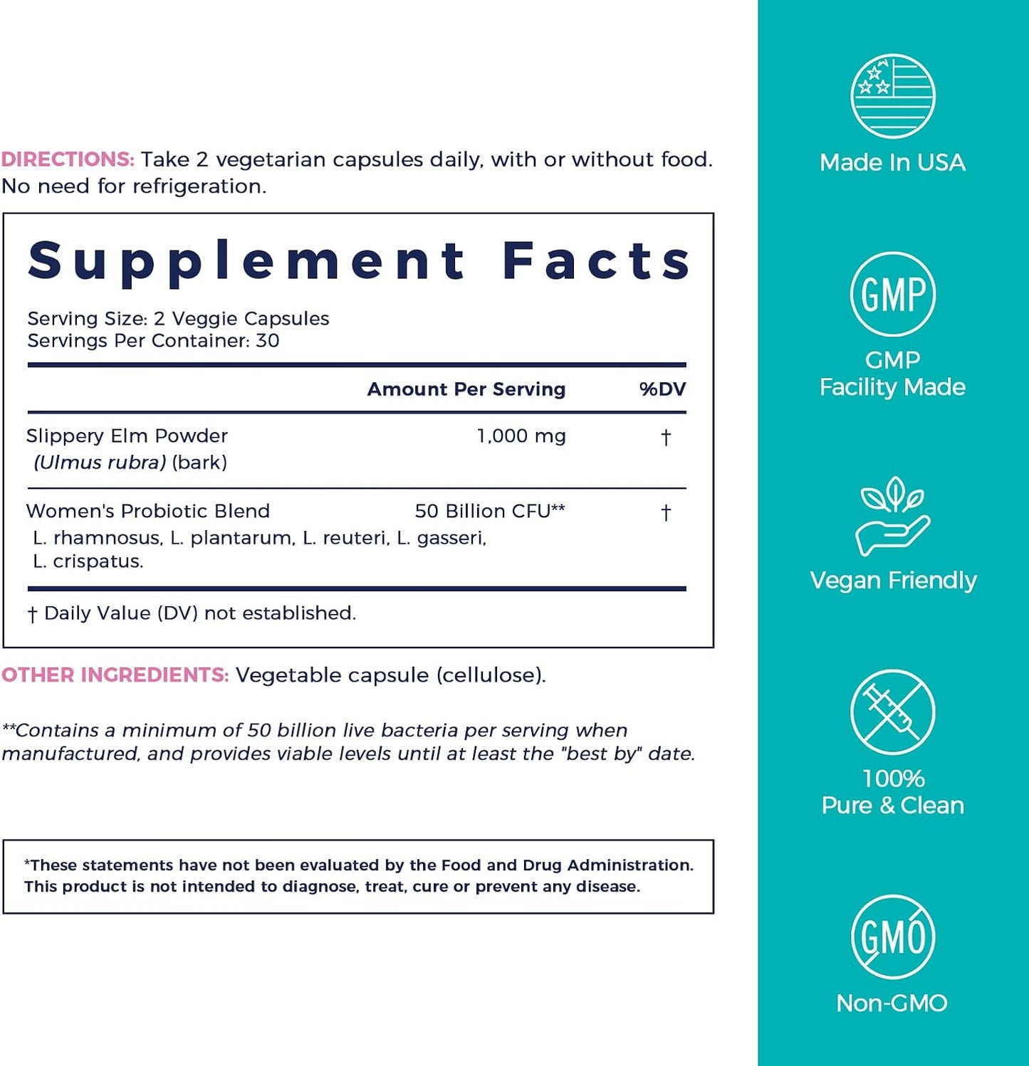 NewRhythm Women's Probiotics Slippery Elm Bark, 50 Billion CFU Per Serving, 5 Strains, All Natural, Non-GMO, Vaginal, Digestive & Immune System Support, 60 Vegan Caps