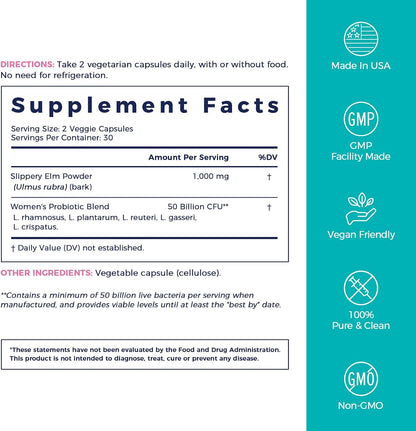NewRhythm Women's Probiotics Slippery Elm Bark, 50 Billion CFU Per Serving, 5 Strains, All Natural, Non-GMO, Vaginal, Digestive & Immune System Support, 60 Vegan Caps