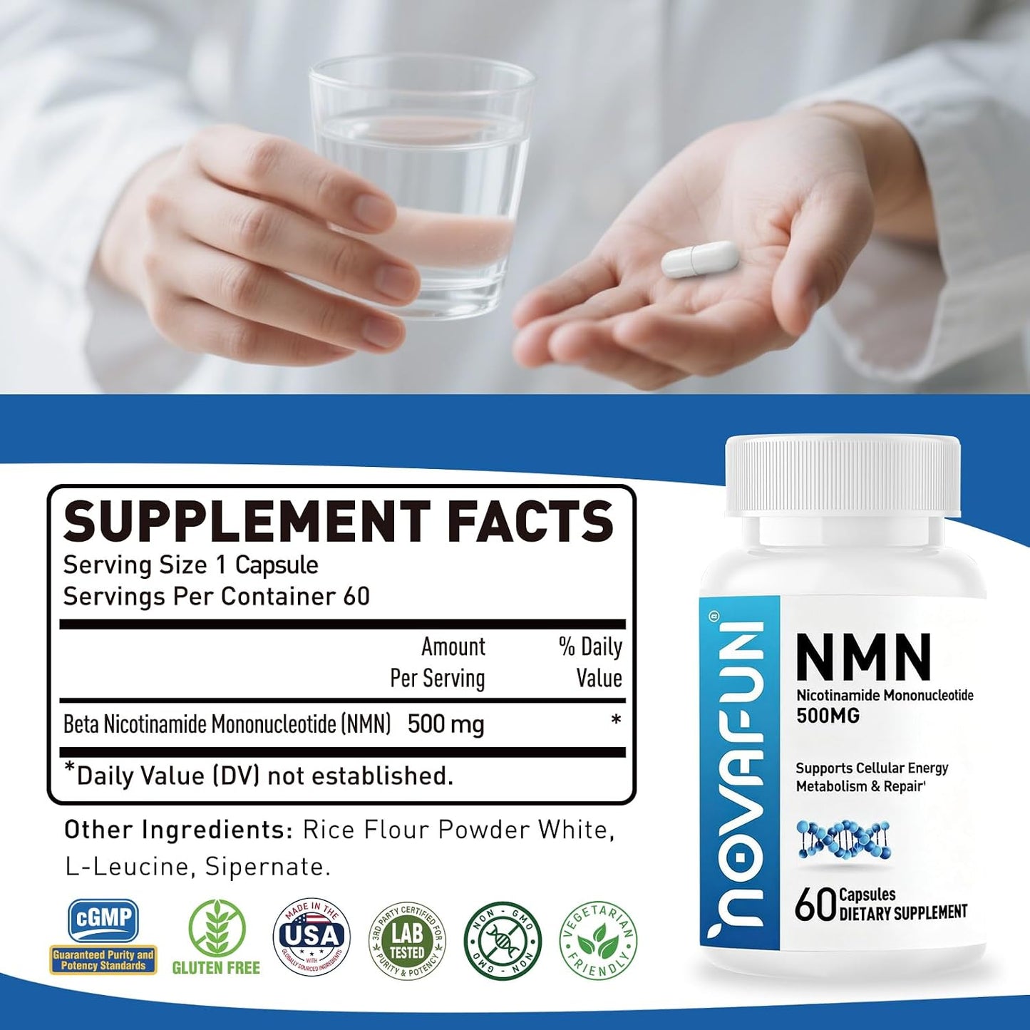 NMN 500mg Supplement - Beta Nicotinamide Mononucleotide Supplements to Boost NAD+ Levels & Cellular Energy, Supports Healthy Aging - 60 Vegan Capsule