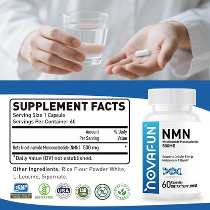 NMN 500mg Supplement - Beta Nicotinamide Mononucleotide Supplements to Boost NAD+ Levels & Cellular Energy, Supports Healthy Aging - 60 Vegan Capsule