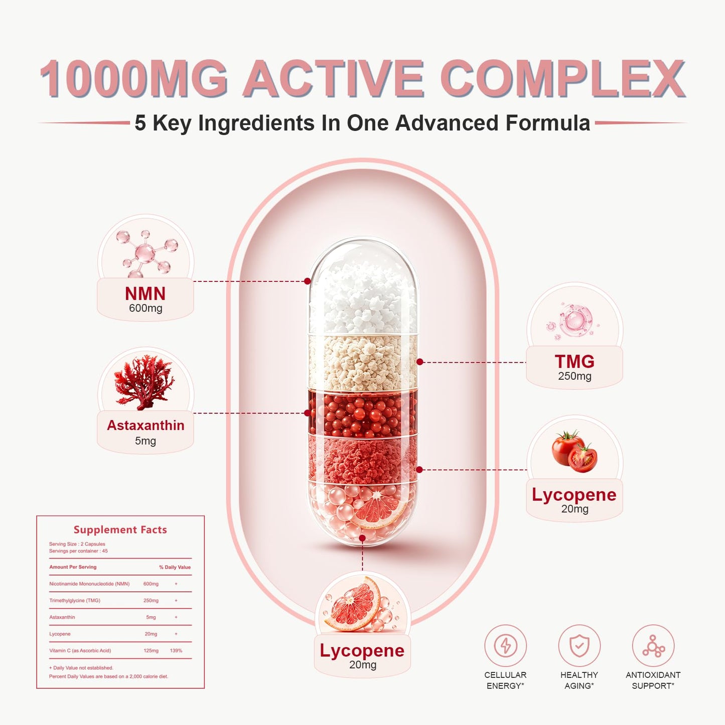 NMN Supplement 1000mg Complex, NAD+ Precursor Support, with NMN 600mg & TMG 250mg, Nicotinamide Mononucleotide Formula with Astaxanthin, Lycopene & Vitamin C, 5-in-1 Daily Cellular Energy Support