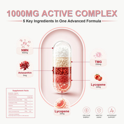 NMN Supplement 1000mg Complex, NAD+ Precursor Support, with NMN 600mg & TMG 250mg, Nicotinamide Mononucleotide Formula with Astaxanthin, Lycopene & Vitamin C, 5-in-1 Daily Cellular Energy Support