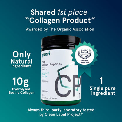 Puori Pure Collagen Peptides Powder, Unflavored - 10g of Grass-Fed Hydrolyzed Bovine Collagen Supports Skin Health, Hair & Nail Strength, Joint Pain & Mobility Support - 30 Servings