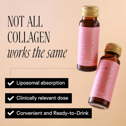 Happy Aging Marine Collagen Peptides Glow Shot 10g - Liquid Collagen for Women with Liposomal Delivery - Promotes Skin Hydration, Elasticity & Radiance - Supports Hair & Nails, 10 Shots