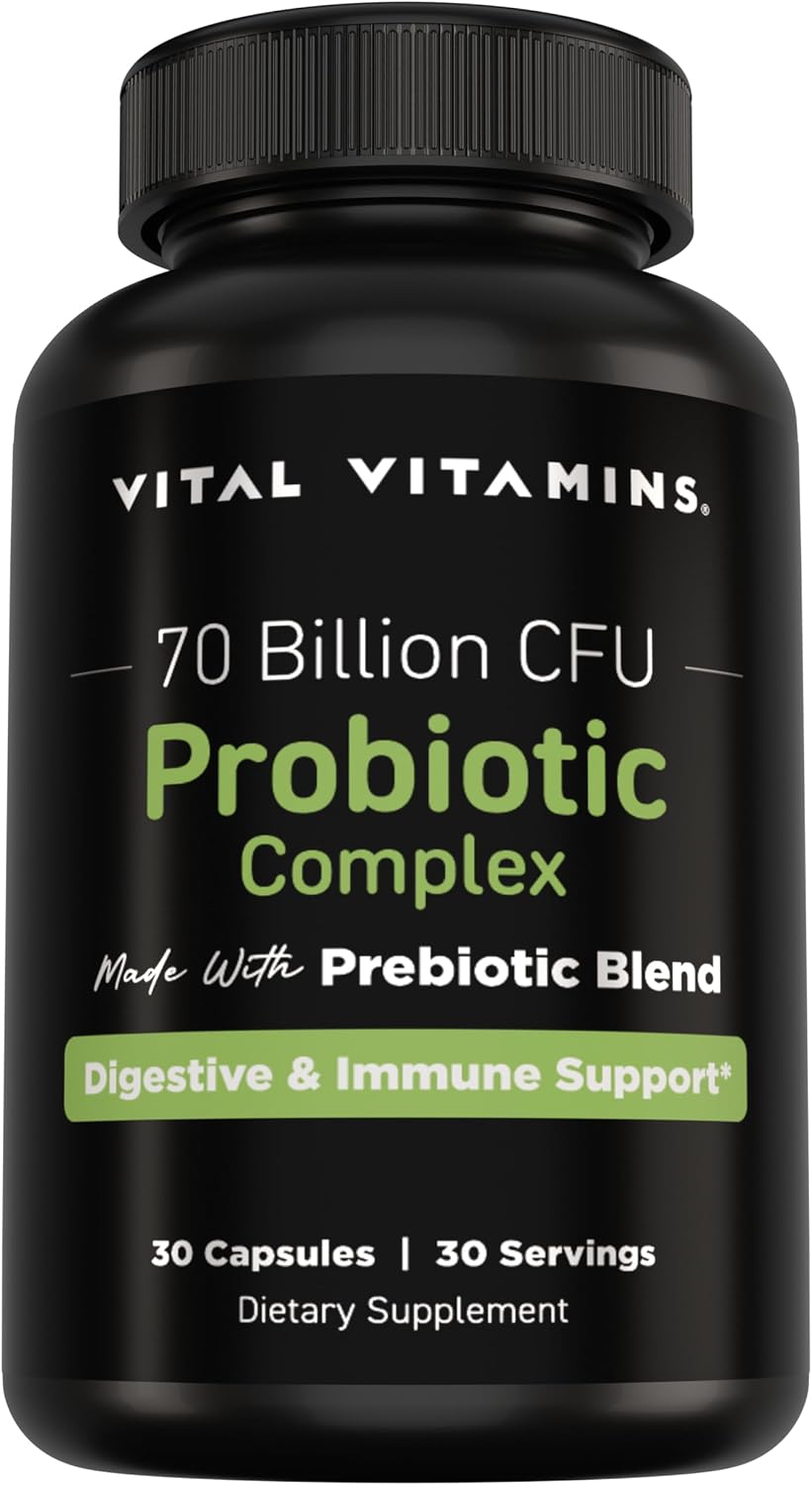 Vital Vitamins Probiotic Complex, 70 Billion CFU for Men & Women | 10-Probiotic Strain Blend with Prebiotic FOS, Supports Digestion & Immunity, Shelf-Stable, 30 Capsules