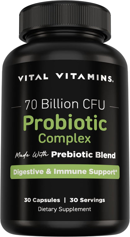 Vital Vitamins Probiotic Complex, 70 Billion CFU for Men & Women | 10-Probiotic Strain Blend with Prebiotic FOS, Supports Digestion & Immunity, Shelf-Stable, 30 Capsules