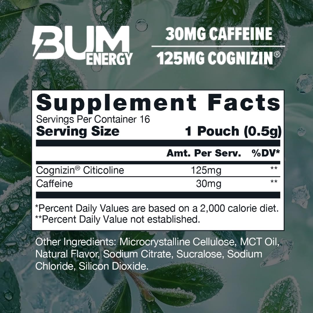 Bum Energy Pouches, Citrus, 30mg Caffeine + 125mg Cognizin Citicoline, Clean Energy & Focus, Discreet Oral Energy Pouches, 5 Packs of 16 Count