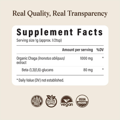 Real Mushrooms Chaga Mushroom Powder – Organic Chaga Extract from Fruiting Body – for Daily Wellness & Energy Support – Vegan, Non-GMO, 60 Servings Mushroom Supplement