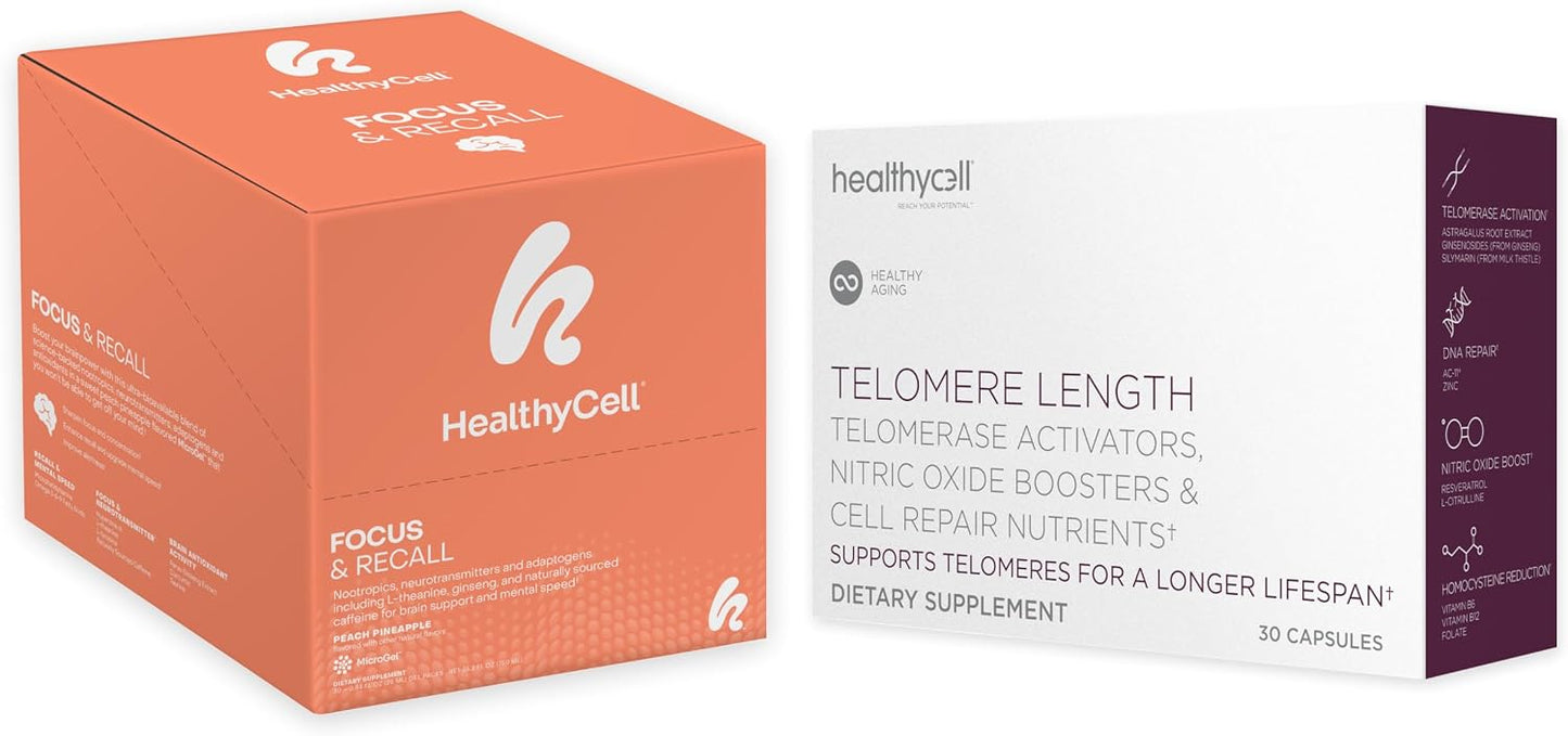 Healthycell Telomere Length + Focus & Recall Brain Supplement Bundle | Telomere Length Healthy Aging Supplement + Focus & Recall Brain Supplement for Memory, Focus & Concentration - Daily Duo
