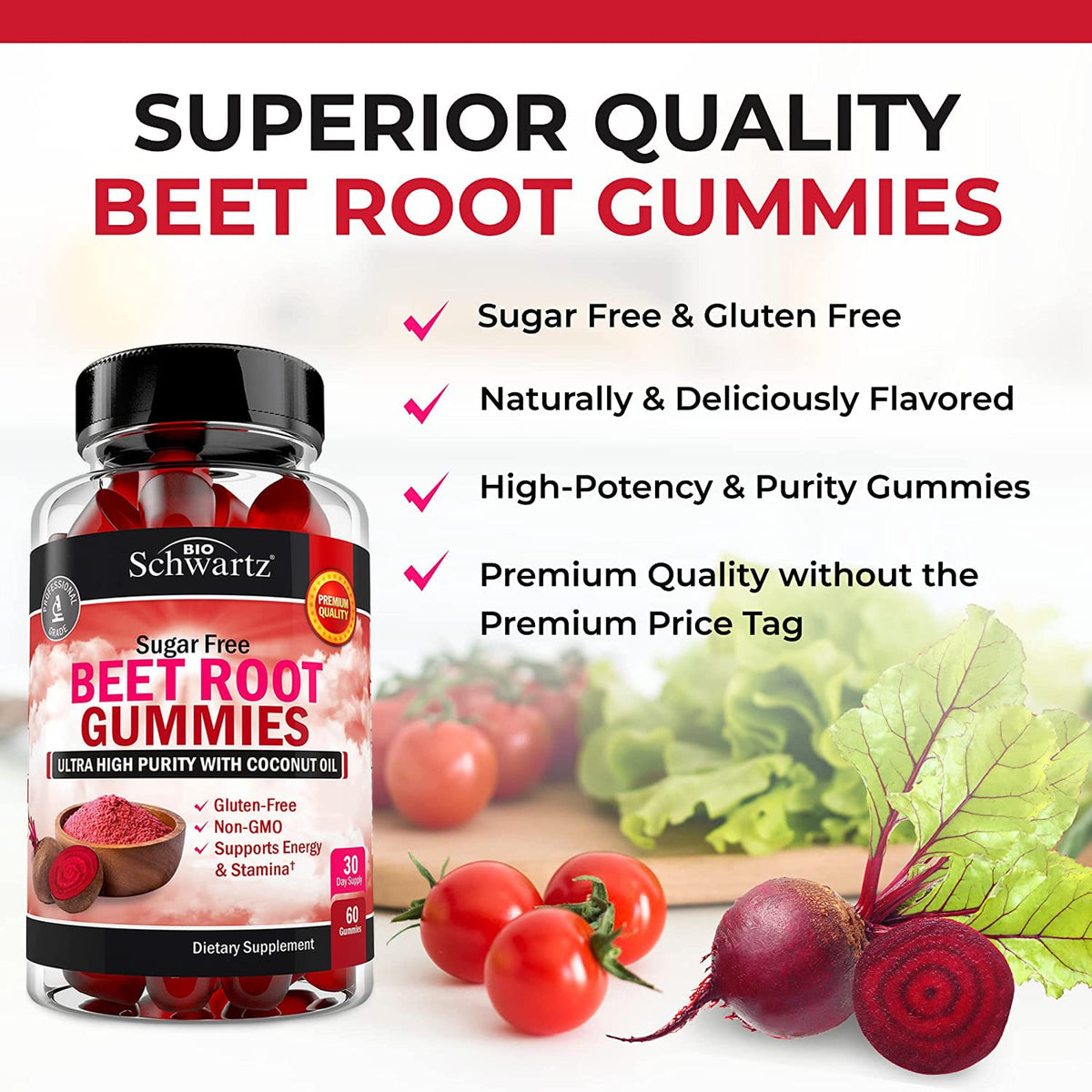Sugar Free Beet Root Gummies - Strawberry Flavor, 120 Count