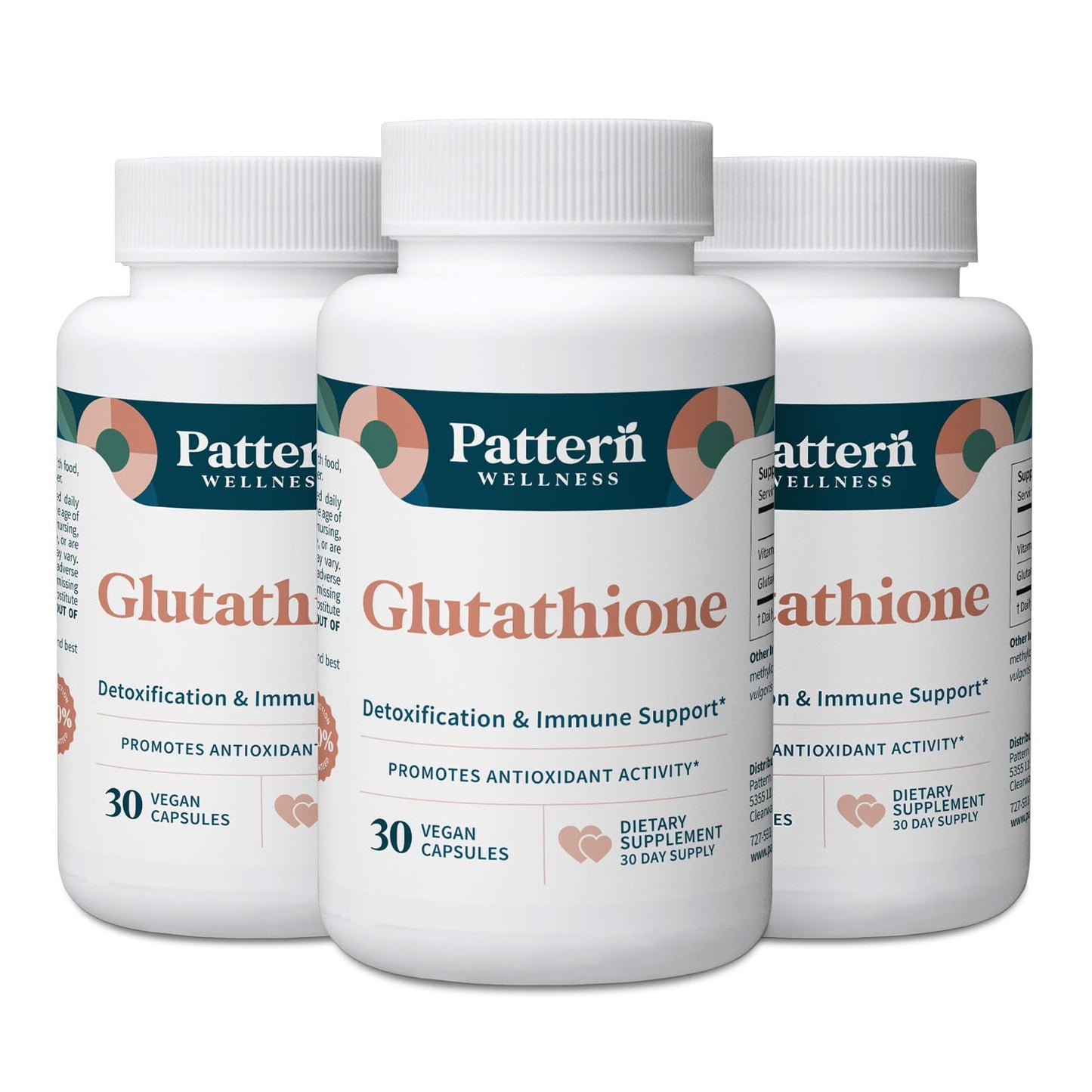 Pattern Wellness Glutathione Supplement - Active Reduced Glutathione Formula with Added Vitamin C - Cell, Antioxidant, + Immune Health Support - 30 Vegan Capsules