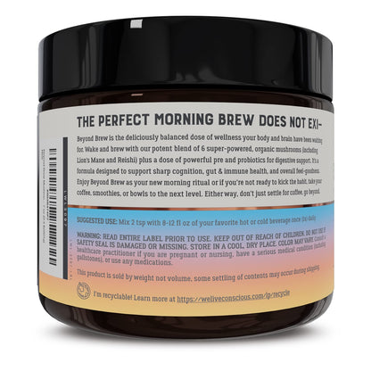 Live Conscious Beyond Brew - Coffee Alternative - Low Caffeine - Mushroom Complex w/Lion’s Mane, Reishi, Cordyceps & Chaga for Sustained Focus, Energy & Immunity - w/Prebiotics & Probiotics - 30