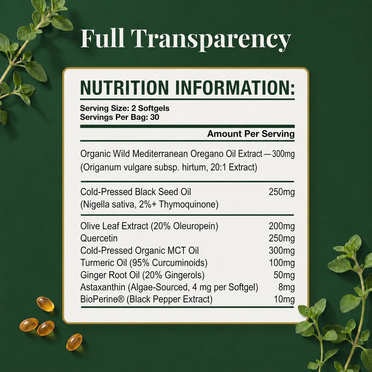 Wild Oil of Oregano with Black Seed Oil 300 Softgels, Oregano Oil Supplement with Turmeric, Ginger, Olive Leaf, MCT Oil & Black Pepper Extract, Vegan Non GMO, Made in UK