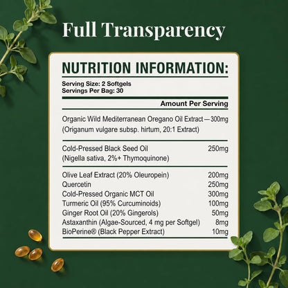 Wild Oil of Oregano with Black Seed Oil 300 Softgels, Oregano Oil Supplement with Turmeric, Ginger, Olive Leaf, MCT Oil & Black Pepper Extract, Vegan Non GMO, Made in UK