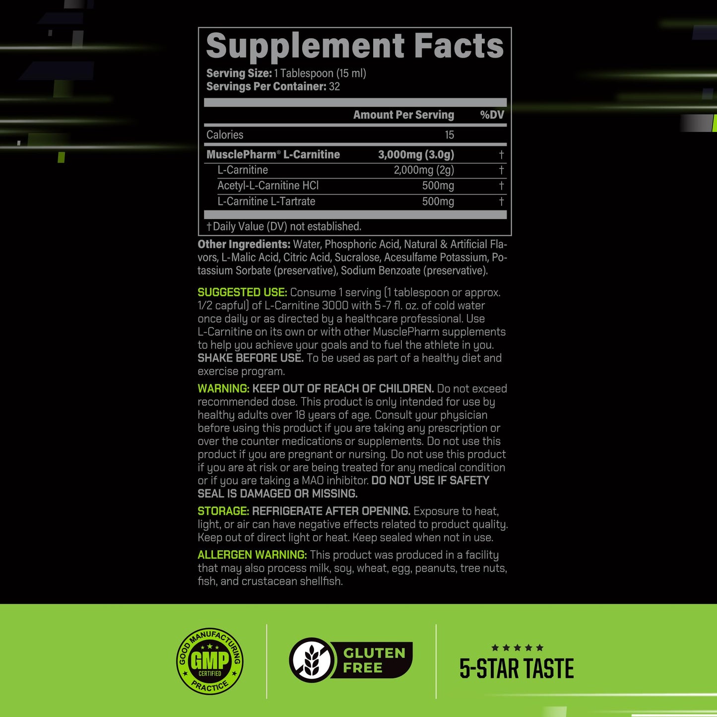 Muscle Pharm L-Carnitine 3000, The Ultimate Liquid L Carnitine Supplement for High-Performance, Supports Metabolism, Hydration & Energy, Zero Sugar, Low Calories, Sour Cherry Flavor, 32 Servings
