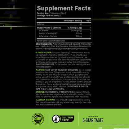 Muscle Pharm L-Carnitine 3000, The Ultimate Liquid L Carnitine Supplement for High-Performance, Supports Metabolism, Hydration & Energy, Zero Sugar, Low Calories, Sour Cherry Flavor, 32 Servings