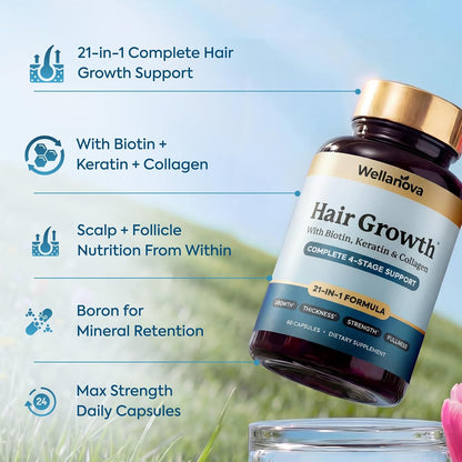 Women's Hair Growth Supplement – Biotin 10,000mcg – 21-in-1 Hair Vitamins | Keratin, Collagen & Ashwagandha, 21-in-1 Hair Vitamins For Women & Men, Thickness, Strength & Fullness, 60 Capsules