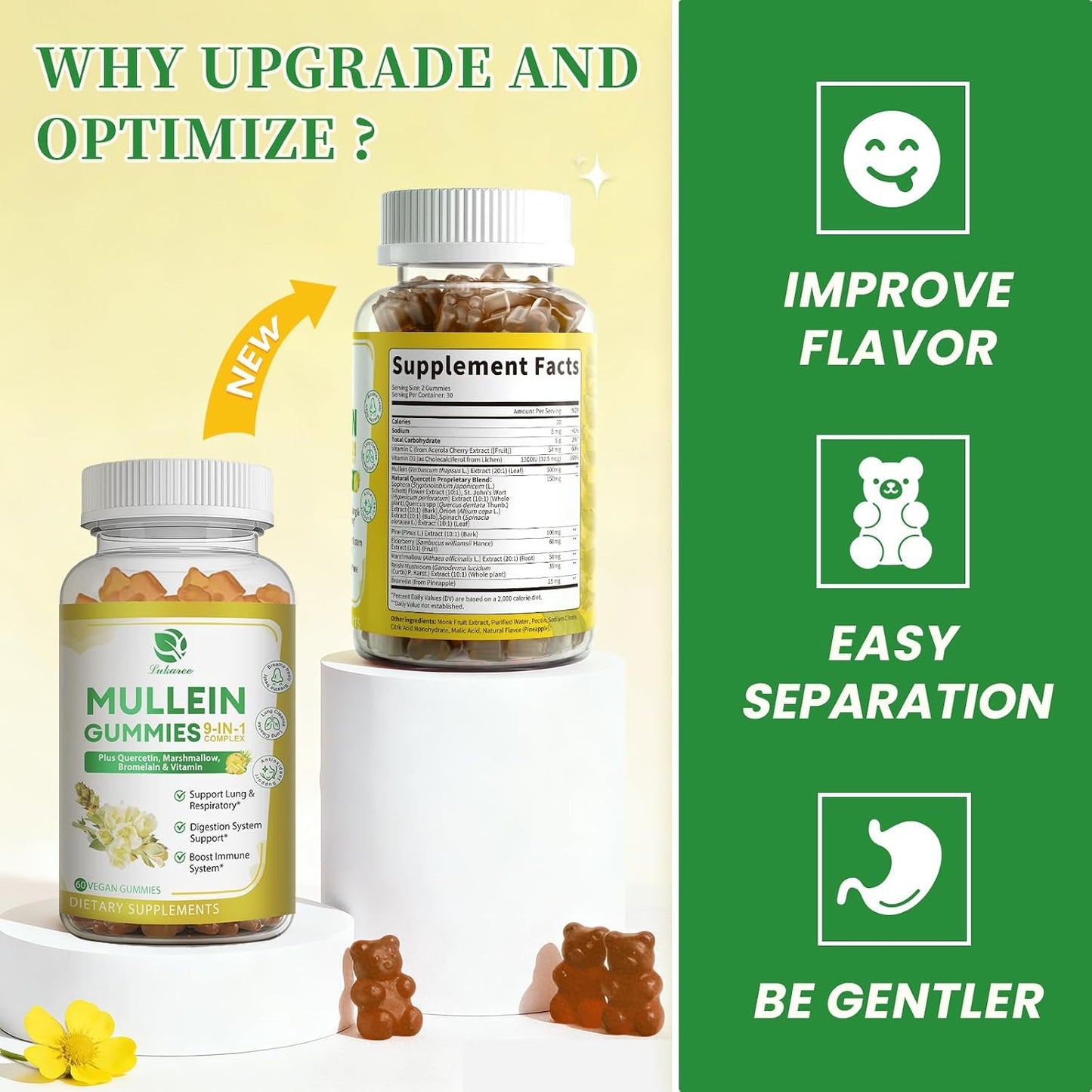 (2 Pack) Mullein Gummies for Lung Cleanse & Lymphatic Drainage* -120 Count | Extra Strength Mullein Leaf Extract w/Quercetin, Elderberry & Marshmallow for Respiratory & Immunity - for Women & Men-Vegan