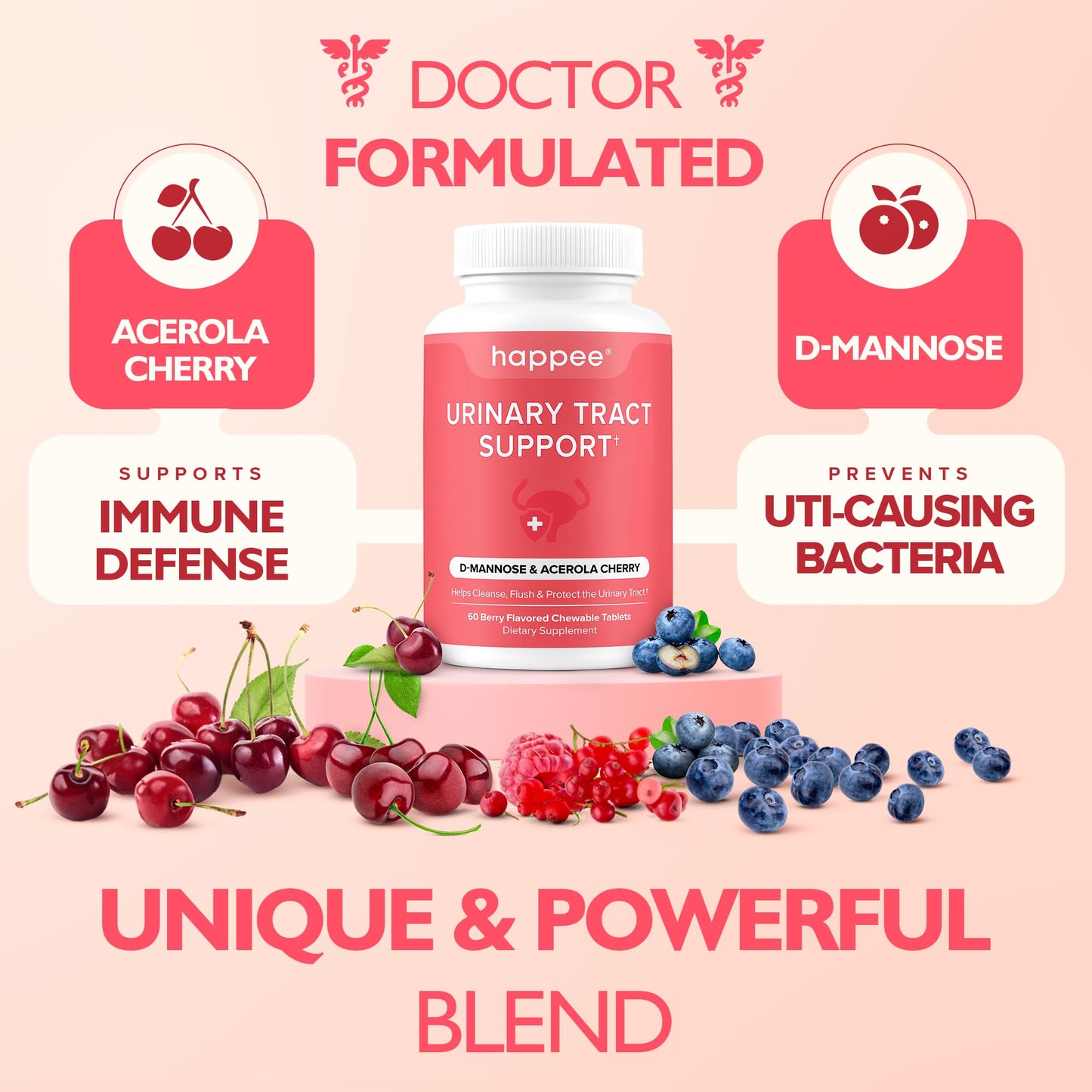 Happee Urinary Tract Health Supplement for Women & Men, Fast-Acting UTI Relief and Prevention, 500mg D-Mannose & Antioxidants, Supports Kidney and Bladder Health, Berry Flavor, 60 Chewables