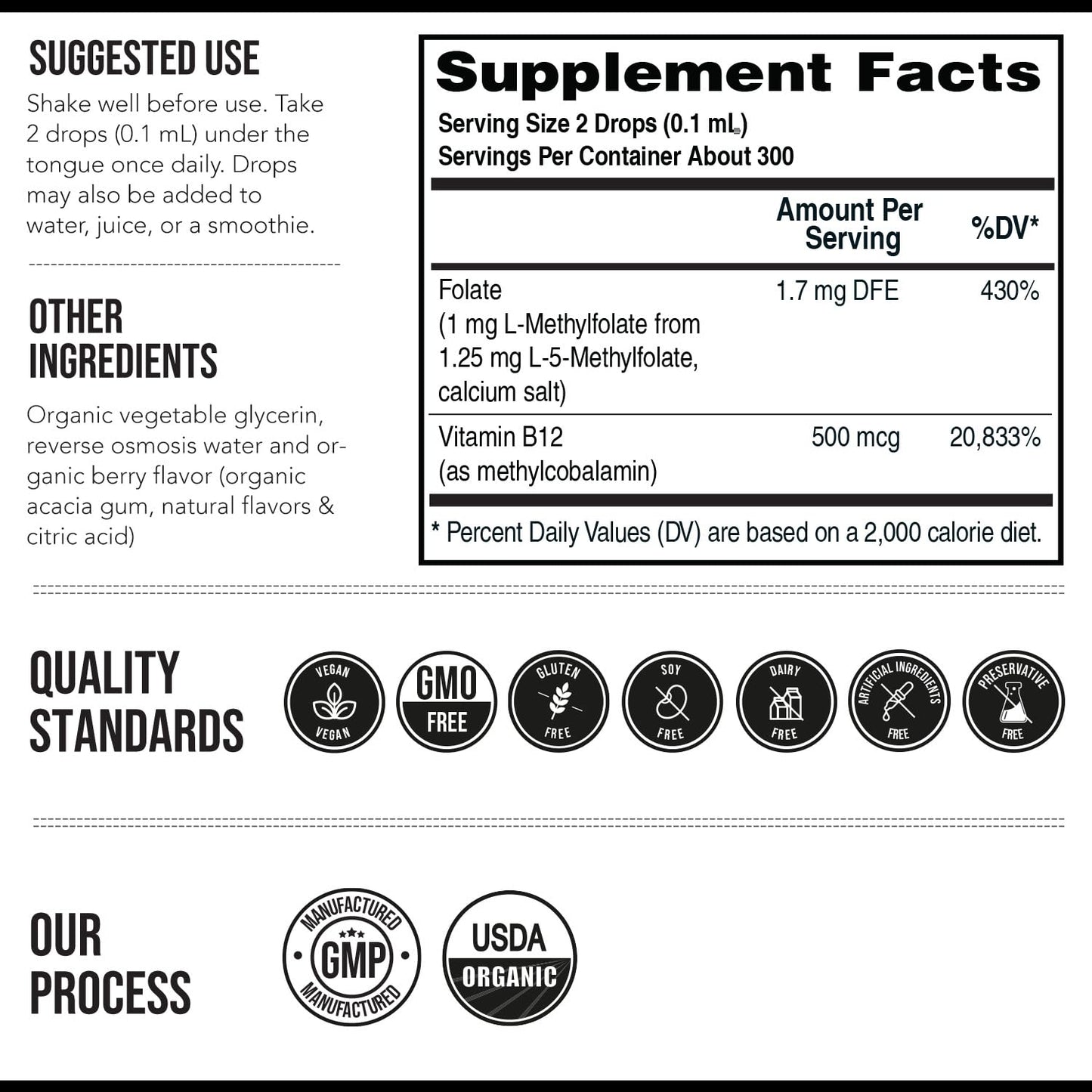 Organic Methyl Folate 1000 mcg + Methyl B12 Cofactor (300 Servings) – Metabolically Active 5-MTHF Form, Organic Berry Flavor, Liquid Sublingual Form – Mood, Cognition, Methylation, Pregnancy (1oz)