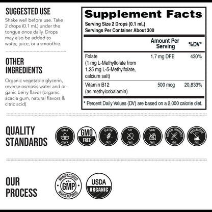 Organic Methyl Folate 1000 mcg + Methyl B12 Cofactor (300 Servings) – Metabolically Active 5-MTHF Form, Organic Berry Flavor, Liquid Sublingual Form – Mood, Cognition, Methylation, Pregnancy (1oz)