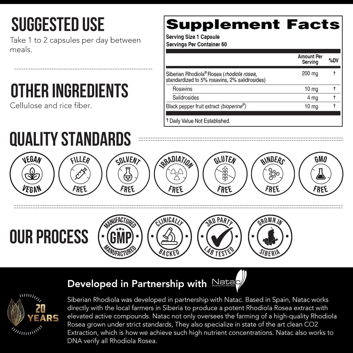 Max Strength Siberian Rhodiola®: Rhodiola Rosea 5% Rosavins, 2% Salidroside & BioPerine® for Enhanced Absorption – Helps Support Stress, Energy & Focus* – Grown in Siberia, DNA Verified (60 Capsules)