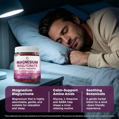 Magnesium Bisglycinate Chelate Gummies, 400 mg High Absorption Magnesium Bisglycinate with L-theanine Supplement for Women and Men, Calm, Sleep, Muscle, Bone Support, Sugar Free, Vegan, 60 Day Supply