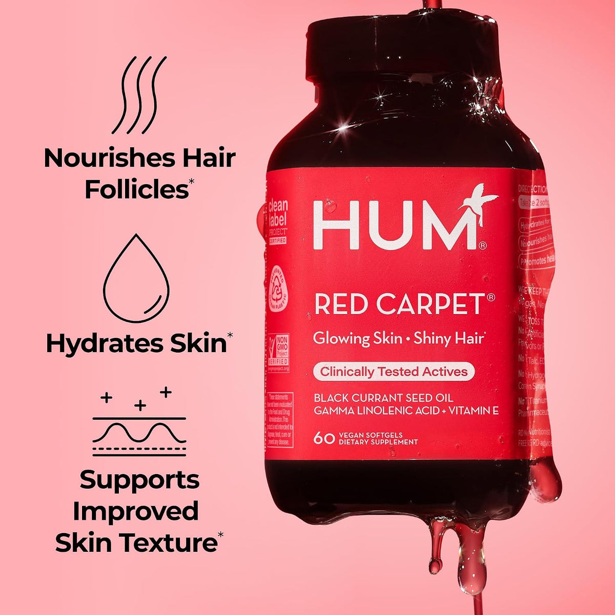 HUM Red Carpet Skin & Hair Supplement Omega 3 Black Currant Oil, 60 Count