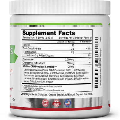 Zazzee D-Mannose Powder Plus, 2000 mg, 67 Servings, Plus 5 Billion CFU Probiotics and Pure Cranberry Juice Extract, Certified Kosher, Free Scoop, 6.67 oz, Urinary Tract Support, Non-GMO, All-Natural
